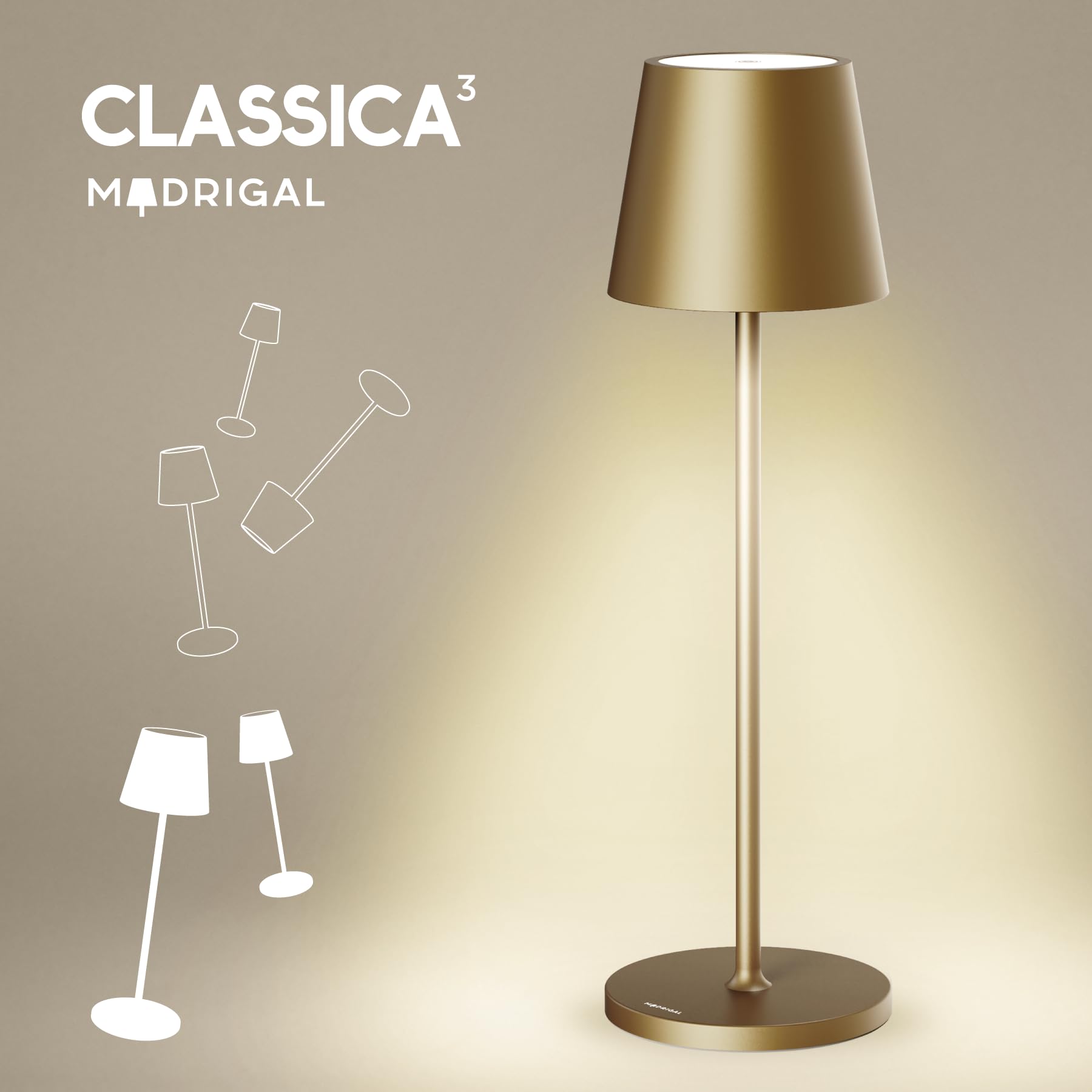 Stilosa Classica 3 - Lámpara de mesa LED recargable por USB de larga duración con base redonda - Luz regulable (dimmer) con toque -Casa y Restaurante - Dorado Oscuro