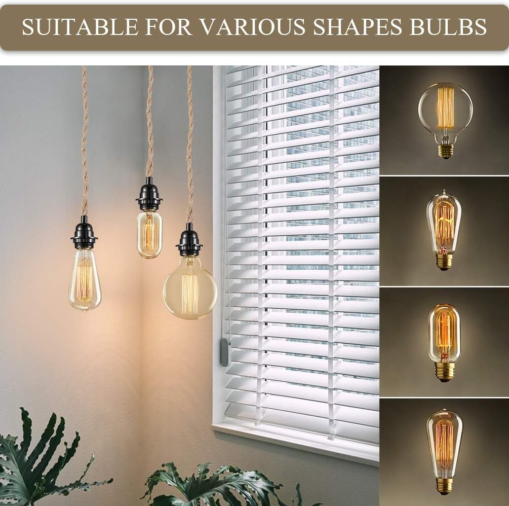 PEESIN Pendant Light Cord Kit with Switch, Vintage 15FT Twisted Hemp Rope Plug in Hanging Light Kit, Industrial Pendant Lighting E26 Lamp Socket, Extension Hanging Lantern Cable for Retro DIY Project - - 
