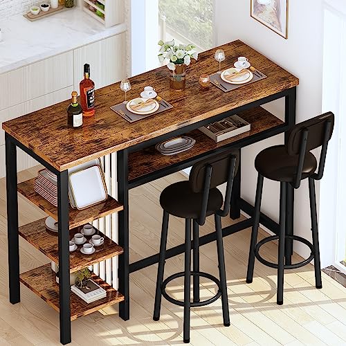 Recaceik Bar Dining Table Set, Modern Bar Table And Stools For 2, Kitchen Counter Height Dining Table Set With 4 Storage Shelves, Pu Upholstered Stools Breakfast Nook Set Pub Table With Backrest #TOP4