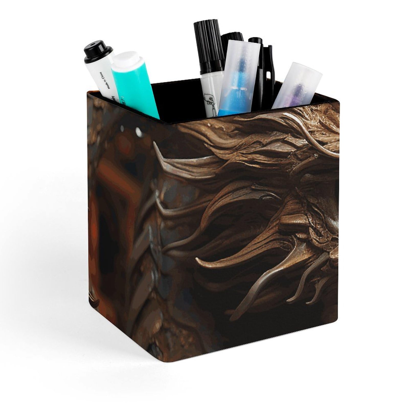 Porte-stylo carré en cuir haut de gamme imprimé dragon doré fond rouge