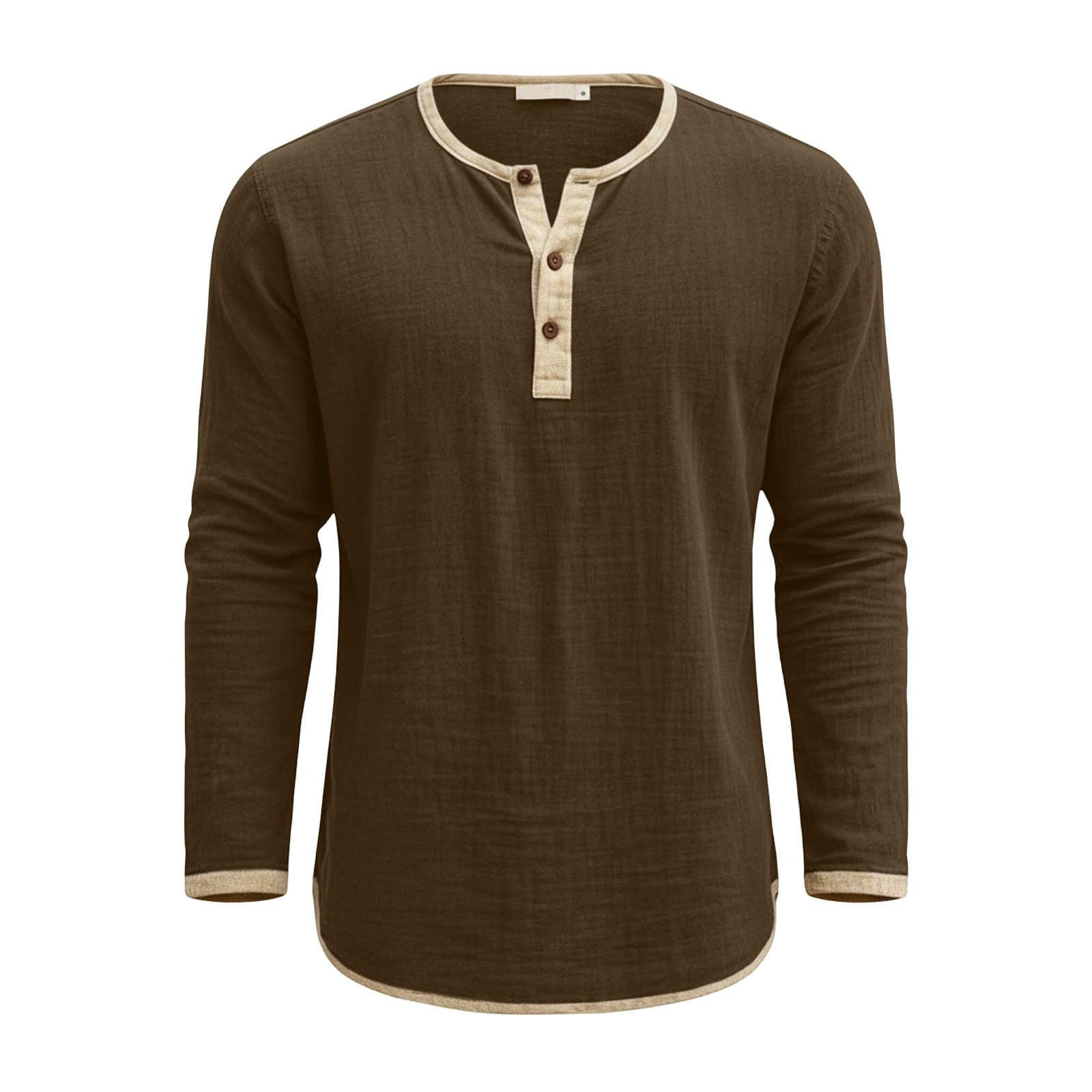 Chemise Homme Coton et Lin Été Sport Manches Longues Tee Shirt Décontracté Col Rond Boutonnée T-Shirts Respirant Grande Taille Top Quotidien Extérieure Mode Habit Fitness Haut