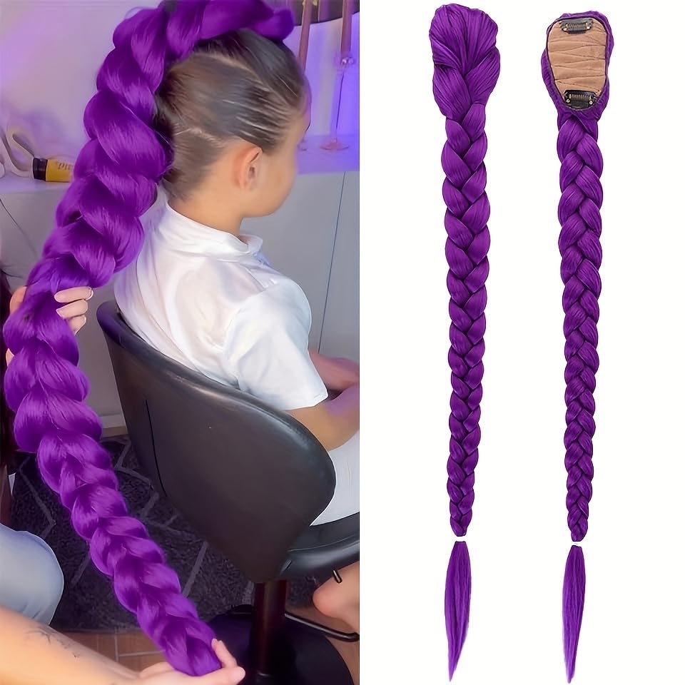 Kpop Anime Character Purple Long Hair Fishbone Braid Clip Ponytail Synthetic Wig High Temperature Fiber Curly Wave for Halloween and Christmas Costume (purple)