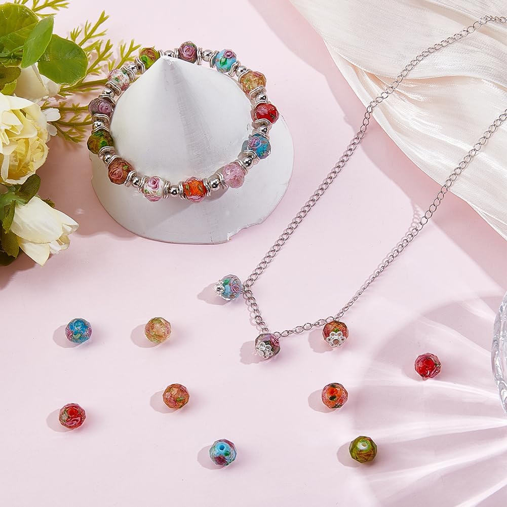 1 Box 10 Colors 30PCS Faceted Rondelle Flower Lampwork Beads Glass Handmade Gold Sand Rose Floral Crystal Colorful Loose Spacer Bead for Jewelry Making Necklace Bracelets DIY Craft Supply image 3