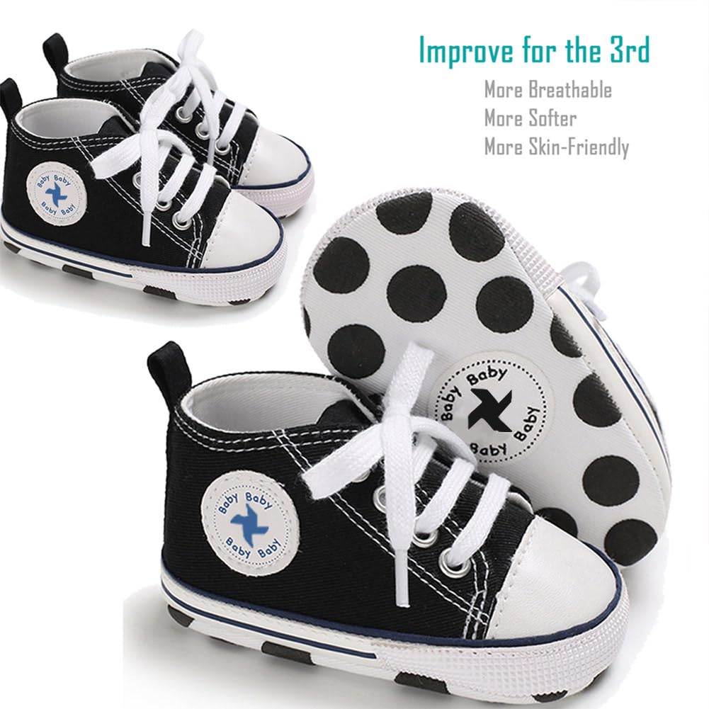 Newborn Baby Girls Boys Canvas Shoes Infant Soft Sole Slip On First Walkers Sneaker Toddler Flat Lazy Loafers High Top Shoes(A/Black, 0-6 Months)
