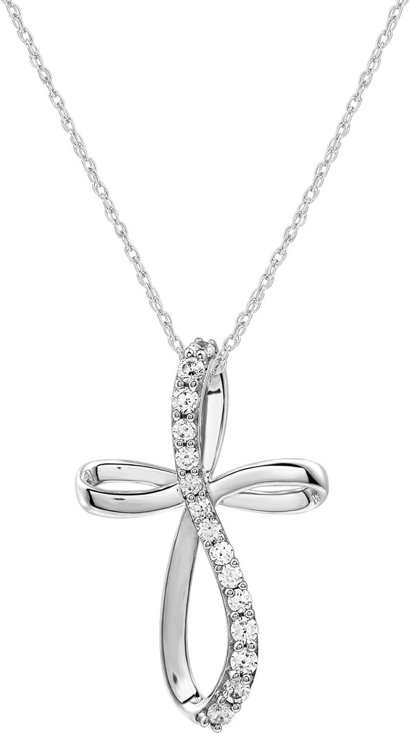 GILDED 10K White Gold Necklace for Women with Natural Round-Cut Diamond and Twist Cross Pendant, 18" Rope Chain, 925 Sterling Silver Necklace and 18" Cable Chain, 1/4 Carat Total Weight Diamonds & Elegant Gift Box Included