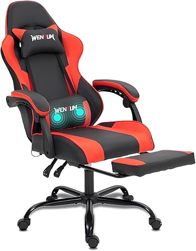 Silla para videojuegos, silla de videojuegos con reposapiés y soporte lumbar de masaje, silla ergonómica de computadora ajustable en altura con