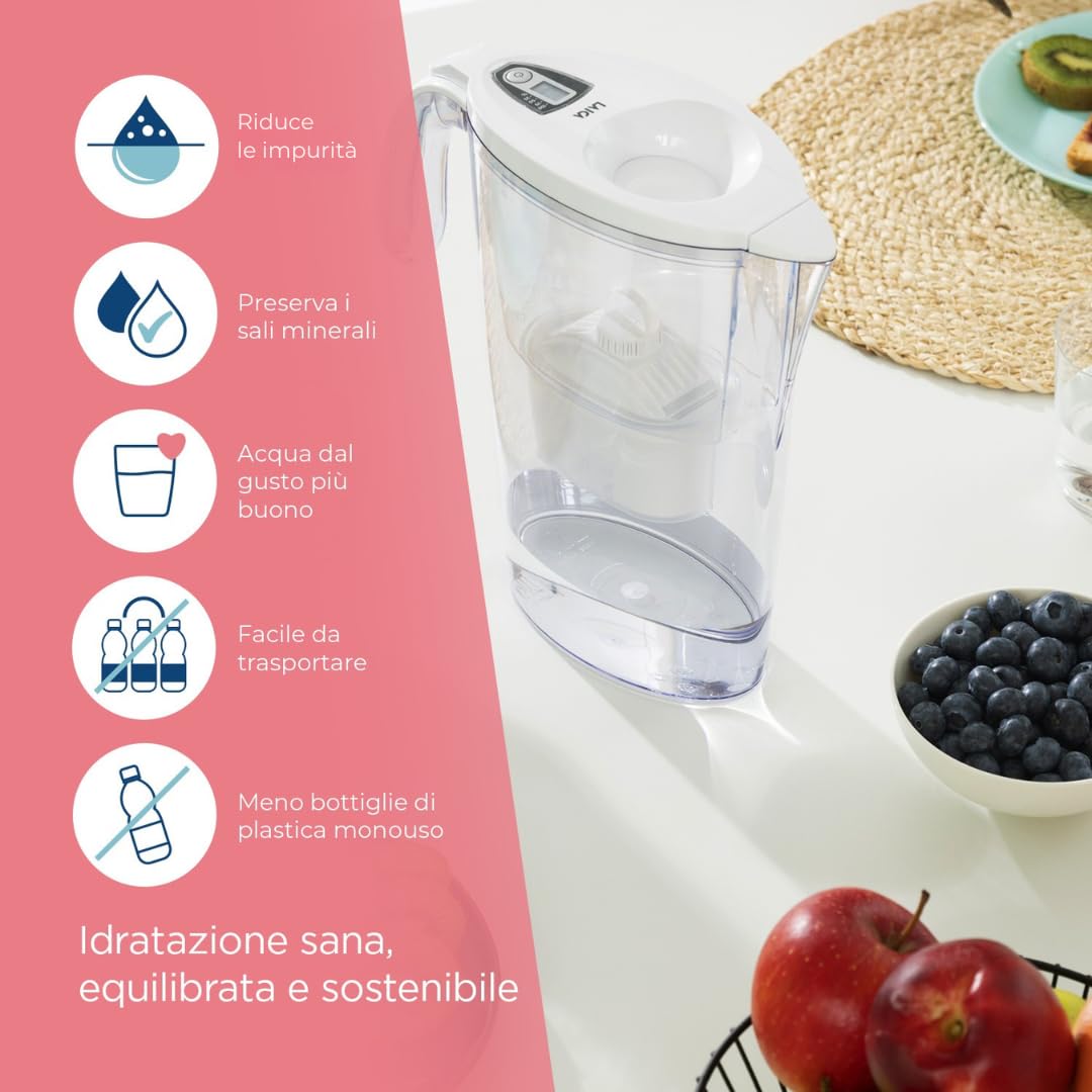 LAICA Stream Line Caraffa Filtrante - 2,3L - Bianca - Timer Digitale - 1 Filtri bi-flux Incluso, Preserva i Sali Minerali Utili all'Organismo e Riduce Cloro e Metalli Pesanti - Made in Italy