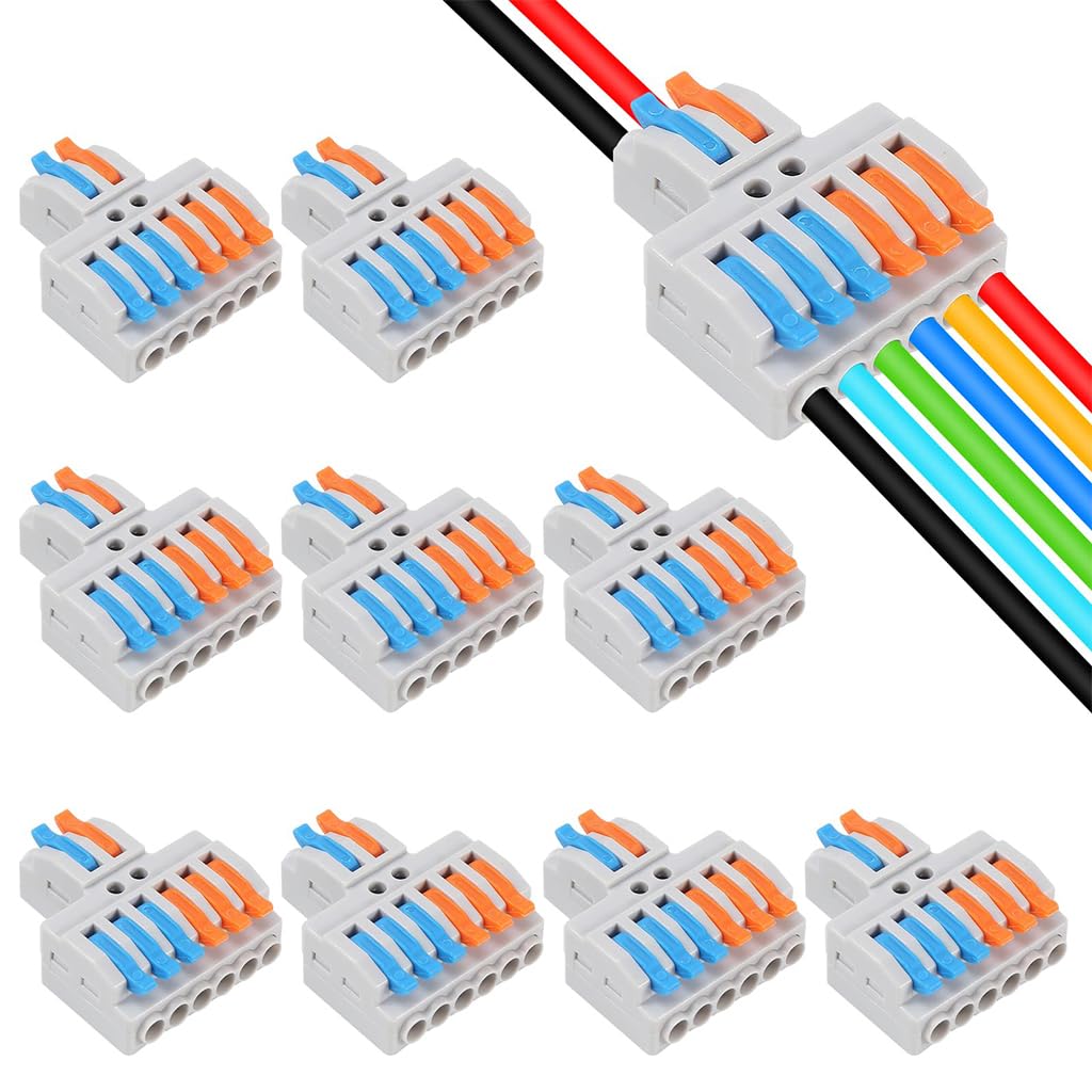 Serplex® 10Pcs Lever-Nut Wire Connectors, 2 in to 6 Out Quick Wiring Cable Connector for AWG 28-12, Compact Electrical Connectors, Versatile Quick Wiring for Hard/Flexible Wire, Flame Retardant