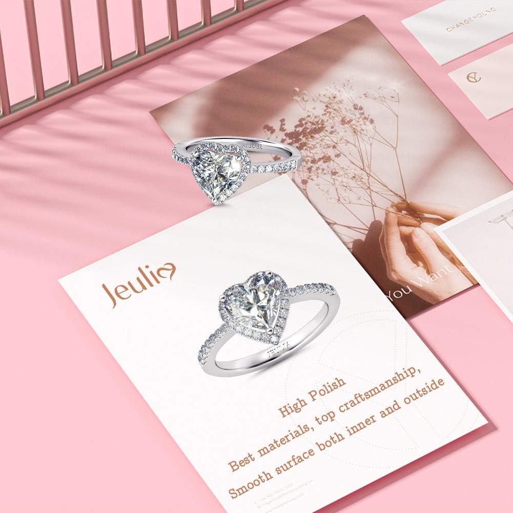 Jeulia 3 Carat CZ Solitaire Engagement Rings Halo Sterling Silver Heart Cut Diamond Bridal Rings Cubic Zirconia Wedding Band Promise Anniversary Rings with Jewelry Box