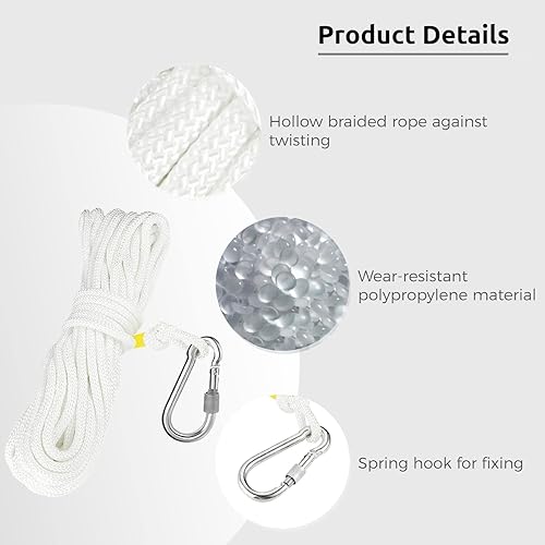 Miniatura 4 de Homaisson Línea de polipropileno trenzada de 49.2ft50 pies con gancho de resorte y soporte de boya de anillo, cuerda de vida hueca de un solo gancho