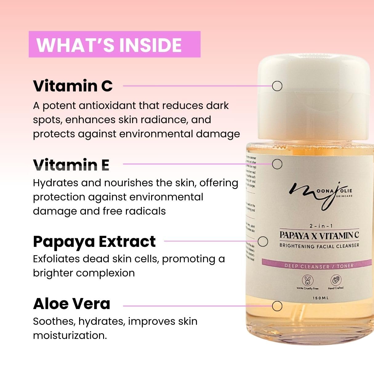 Moona Jolie 2-in-1 Papaya x Vitamin C Cleanser 150ml | Plant- based Facial Cleanser - Deep Cleansing Face Wash with Vitamin E and Aloe Vera, Hydrating, for Fine Lines and Hyperpigmentation