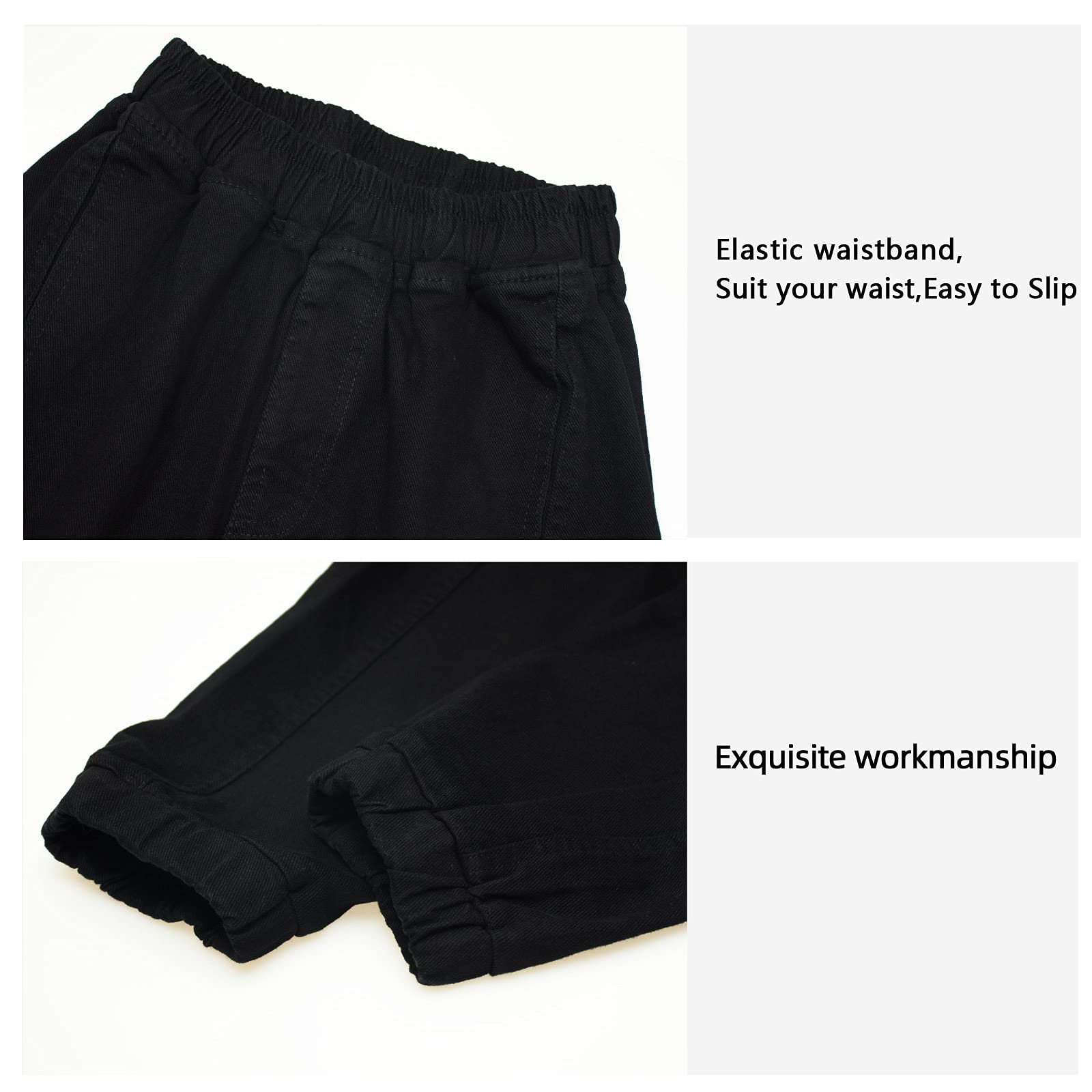 Pantalones cargo de algodón para niños, pantalones casuales con cintura elástica, para senderismo, uniforme escolar, pantalones deportivos, Negro, 10-12