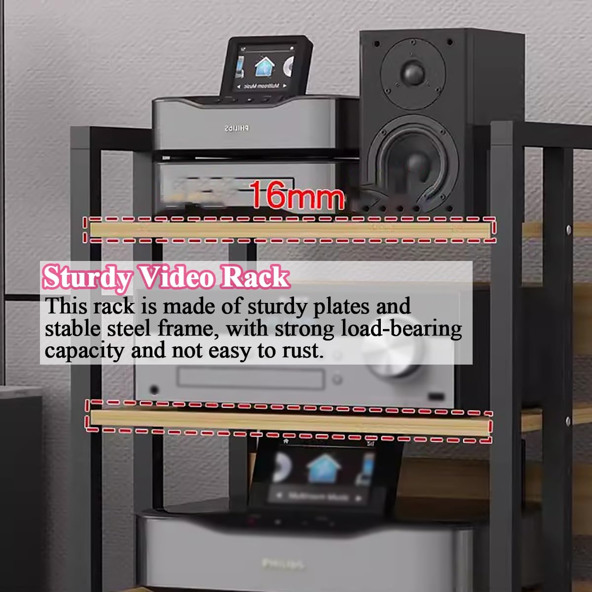 Domowa szafka stereo, wolnostojący stojak na nośniki do odtwarzacza płyt, głośnika, wzmacniacza, odbiornika - komponent audio, jednostka do przechowywania rozrywki do salonu i klubów