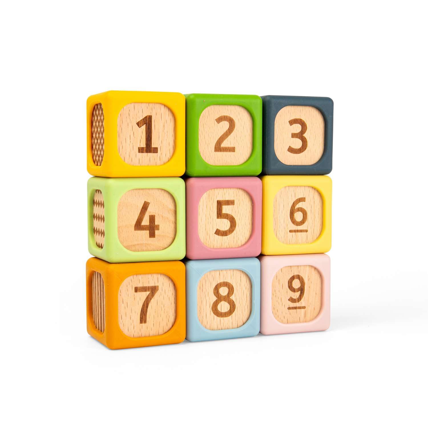 Bigjigs Toys Miękkie klocki do sortowania, zestaw silikonowych i drewnianych klocków dla niemowląt, kostki Montessori do układania w stos, miękkie zestawy kostek z numerami, zestaw zabawek dla dzieci