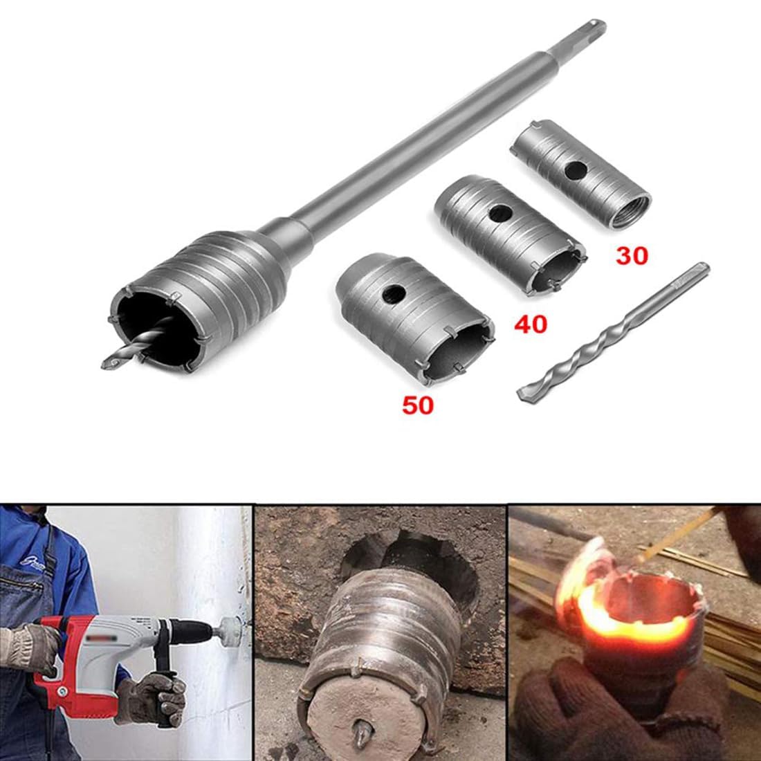 UpToDateTools Hole Saw Set 50mm 40mm 30mm Electric Hollow Core Drill Bit Shank 300mm Concrete RodCement Stone Wall Drilling Cutter for Air Conditioner 3