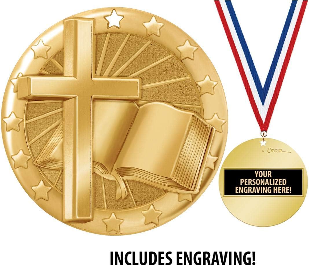 Religious Cross Medal, 2" Shiny Gold Religious Cross Medals for Kids with Free Custom Engraving