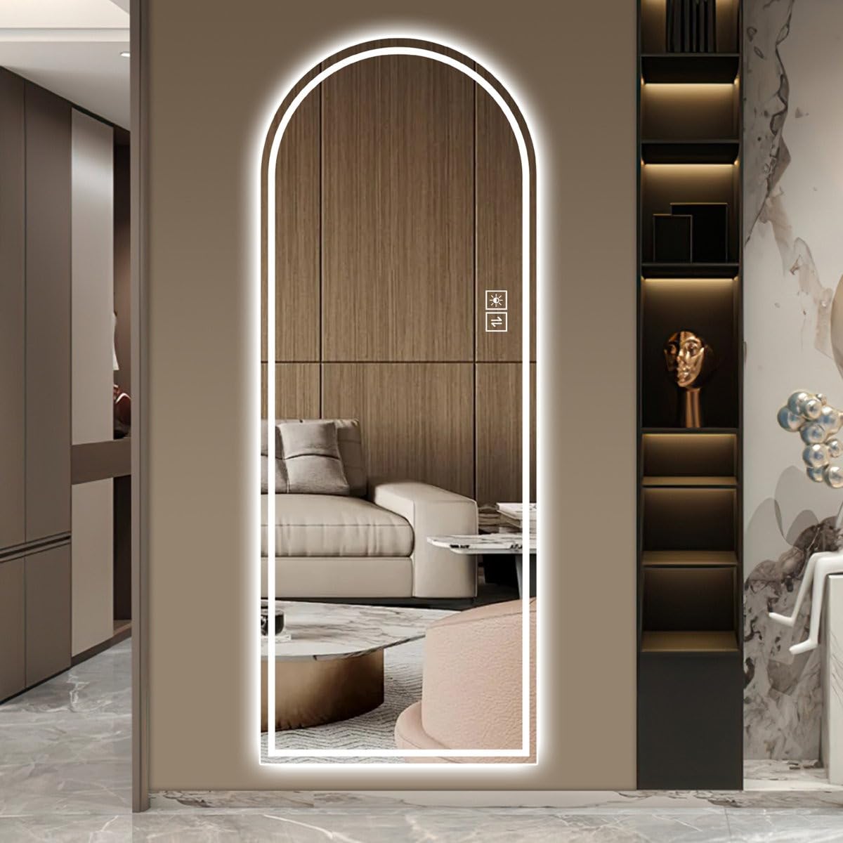 BUNGALOW MERCER Full Length Arched LED Mirror with Front & Backlit Light, Dimmable Touch Sensor, Anti-Fog, Wall Mounted Vanity Mirror for Bedroom (134 X55 cm)-image-45