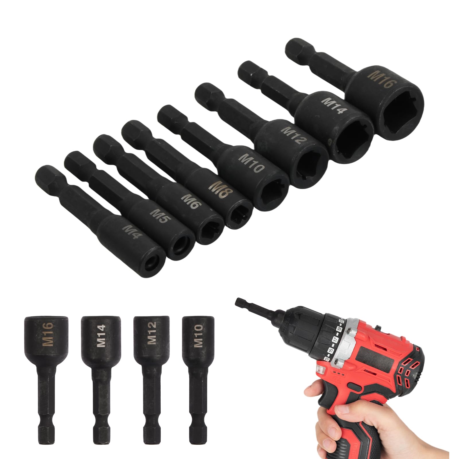 8 Stück Gewindebohrer Stecknuss Buchse Adapter M4-M16, 1/4 Zoll Sechskantschaft Maschinengewindebohrer Vierkant Treiber für Elektrische Bohrmaschine, Luftschraubendreher, Legierter Stahl