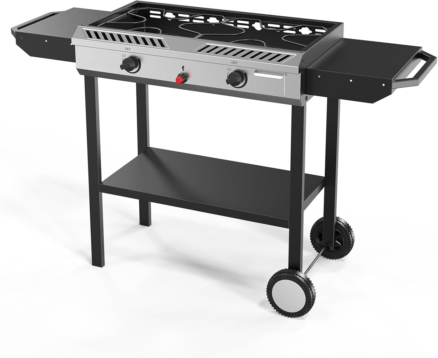 Bonnlo 2 Burner Propane Gas Burner with Auto Ignition, 150000 BTU Camping Stove with Storage Shelf and Rolling Wheels, Portable Outdoor Cooker for Patio Backyard Cooking Frying Boiling and Stewing