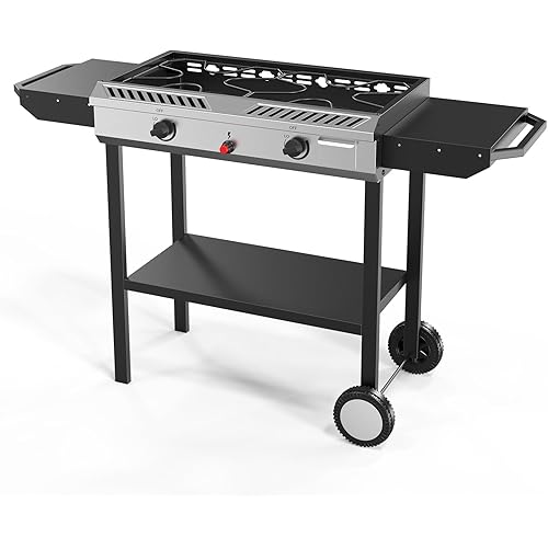 Bonnlo 2 Burner Propane Gas Burner with Auto Ignition, 150000 BTU Camping Stove with Storage Shelf and Rolling Wheels, Portable Outdoor Cooker for Patio Backyard Cooking Frying Boiling and Stewing