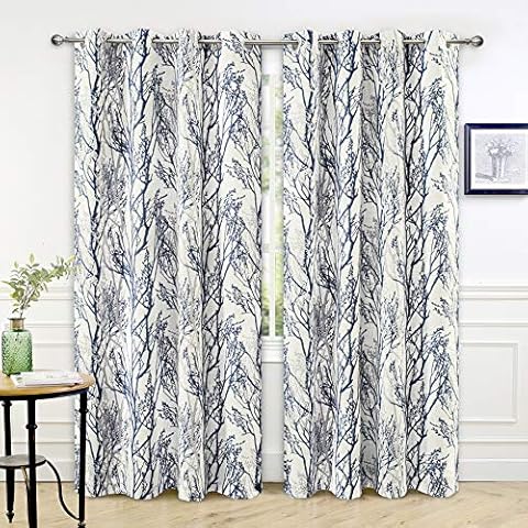 DriftAway Blue White Linen Blend Tree Branch Blackout Curtains for Bedroom 84" Long Blue Branch Lined Window Treatment Thermal Grommet Top Curtain Drapes for Living Room 2 Panels Cover