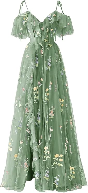 Tulle Dresses Flower Embroidery Ruffle V Neck Women's Formal Evening Party Gowns