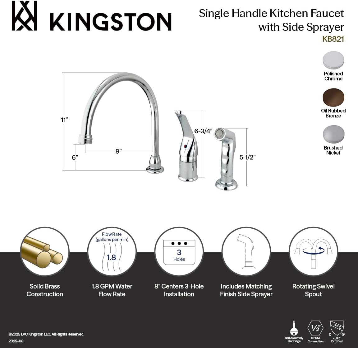 Kingston Brass KB825 Chatham Widespread Kitchen Faucet, 9", Oil Rubbed Bronze, Oil-Rubbed Bronze