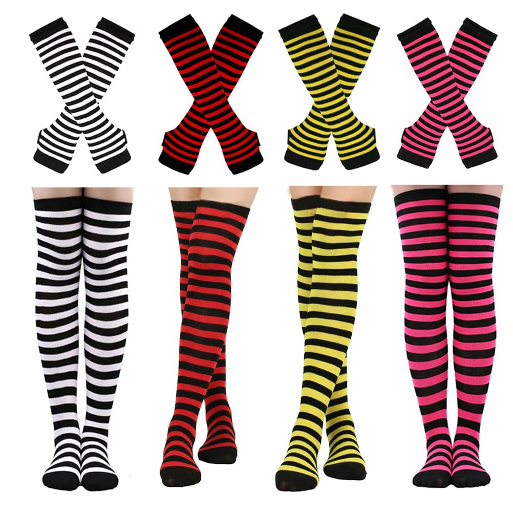 Barrlves2/4 Sets Womens Striped Knee High Socks Long Knitted Arm Warmers Fingerless Gloves for Halloween Costume