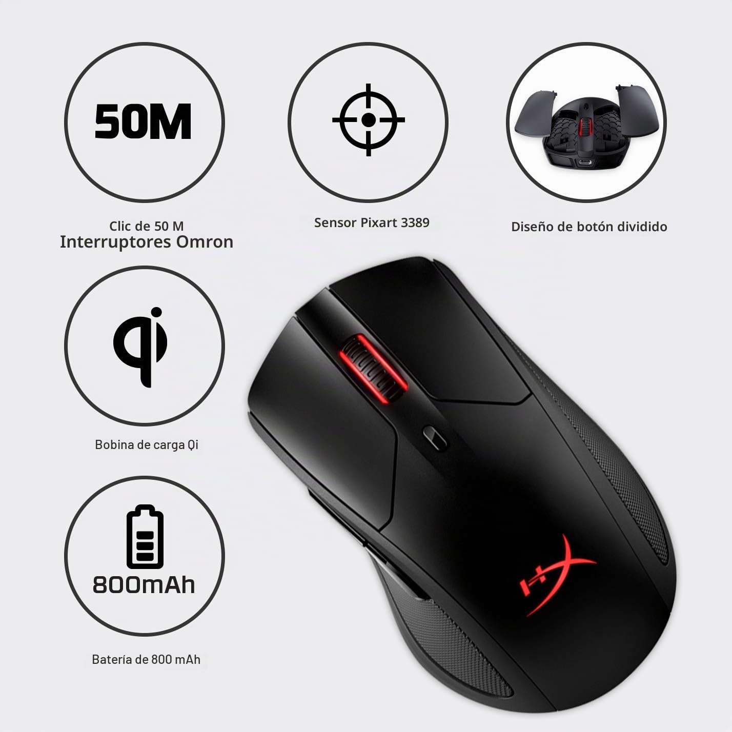 HyperX Pulsefire Dart – Ratón para Gaming Inalámbrico RGB, Compatible con el Ngenuity Sofware para personalizarlo, Cargador–Qi, Batería de hasta 50 horas – Compatible con PC, PS4, Xbox One