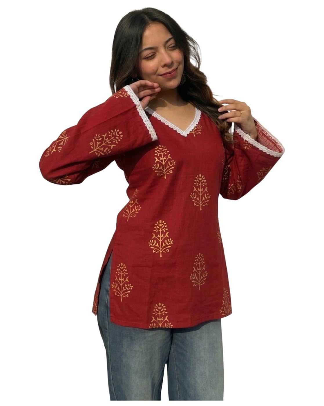 Women's Viscose Printed Short Kurti | Red Buta Print Tunic Top | V Neck Lace Detail | Full Sleeve Hip Length Kurta Top for Women-image-25