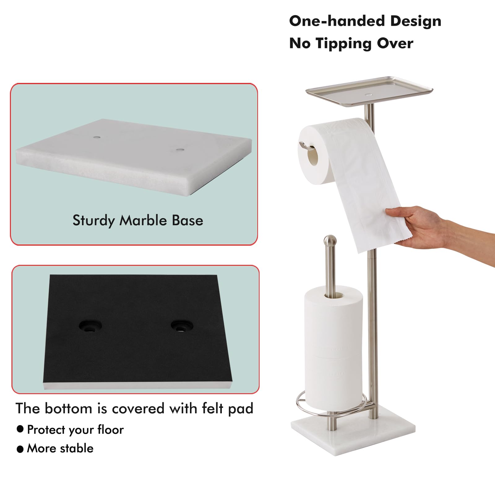 Toilet Paper Holder with Tray at The Top, Sturdy Marble Base No Wobby, Holding Extra 3 Toilet Paper Rolls As Spare Use, Freestanding No Drilling (Brushed Nickel) — Amazon image 4