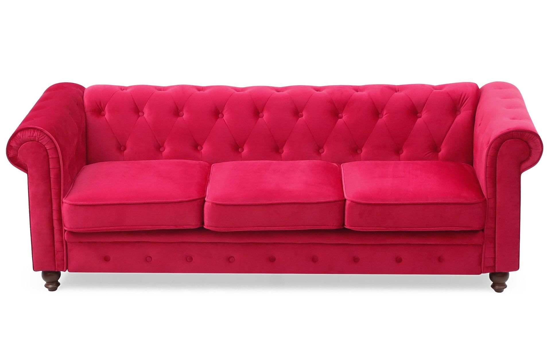 Menzzo - Divano a 3 posti in legno e velluto, 80 x 207 x 72 cm, Legno, rosso, 207x80x72