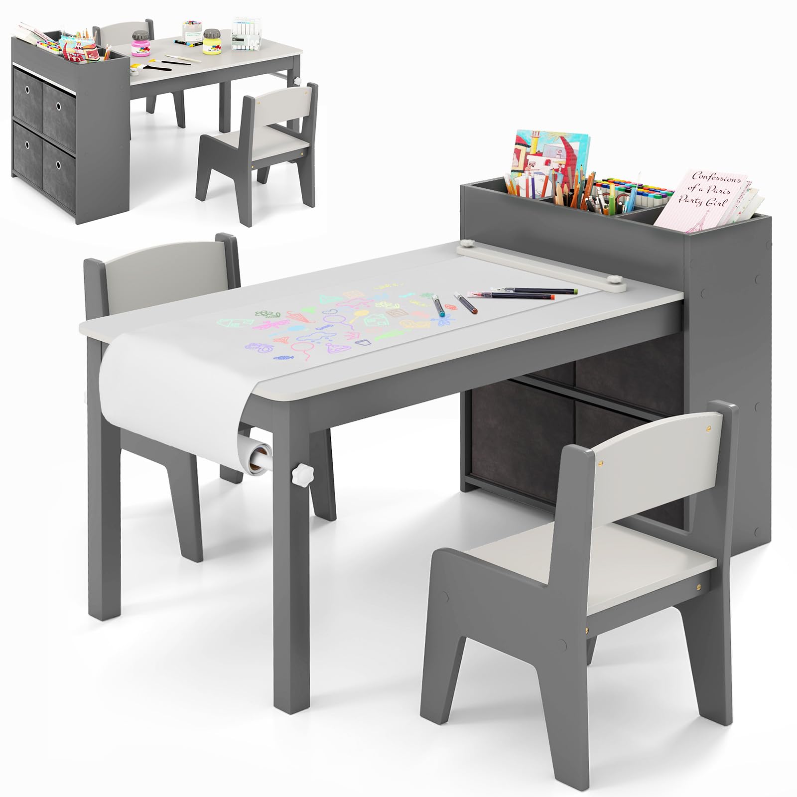 Costzon Kids Table and Chairs, 3 in 1 Wooden Art Drawing Desk Set w/ 4 Fabric Bins, Multiple Open Storage Compartments & a Paper Roll, Toddler Table