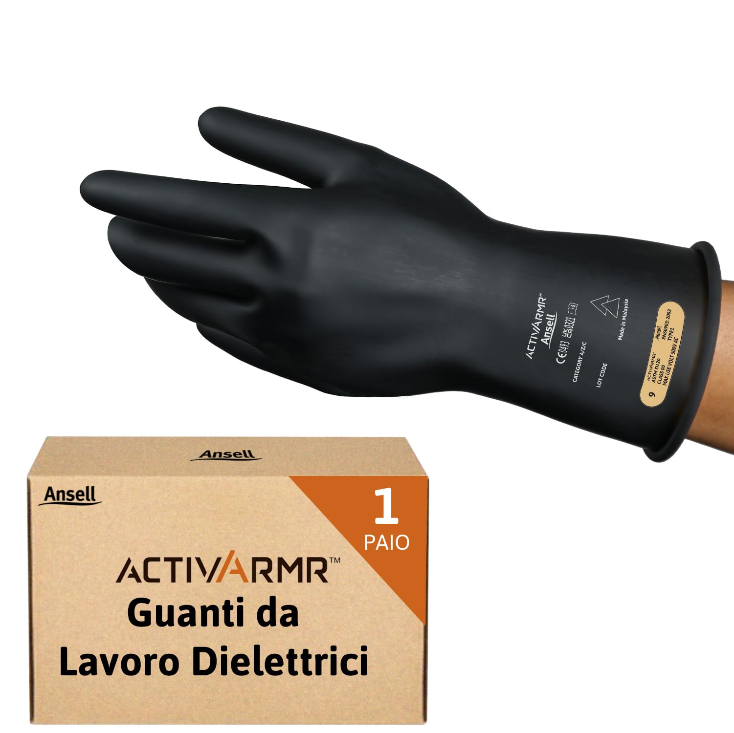 Ansell ActivArmr Guanti Dielettrici per Elettricisti, Classe 00 (Tensione fino 500V), Protezione per Lavori Elettrici, Lattice di Gomma Isolante, 28cm, Nero, Taglia M (1 Paio)