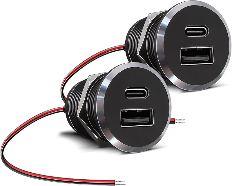 Tomada USB automotiva Obeaming de alumínio 12 V com 2 portas USB-A e USB-C PD3.0 – 1 unidade