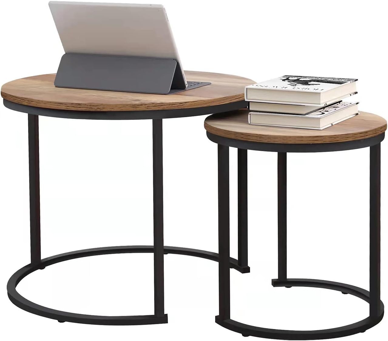 TaoHFE Round Nesting Coffee Table Set of 2, Rustic Stacking Side Tables, Nesting End Table Set Wooden Tabletop Metal Frame for Living Room & Bedroom Small Space, Walnut : Home & Kitchen