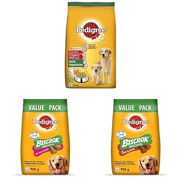 Pedigree Dry Food for Puppy & Adult Dogs, 100% Vegetarian, 1.2kg & Biscrok Biscuit Treats for Dogs, Milk & Chicken Flavour, 900g & Biscrok Biscuits Treats for Dog (Above 4 Months), Lamb Flavour, 900