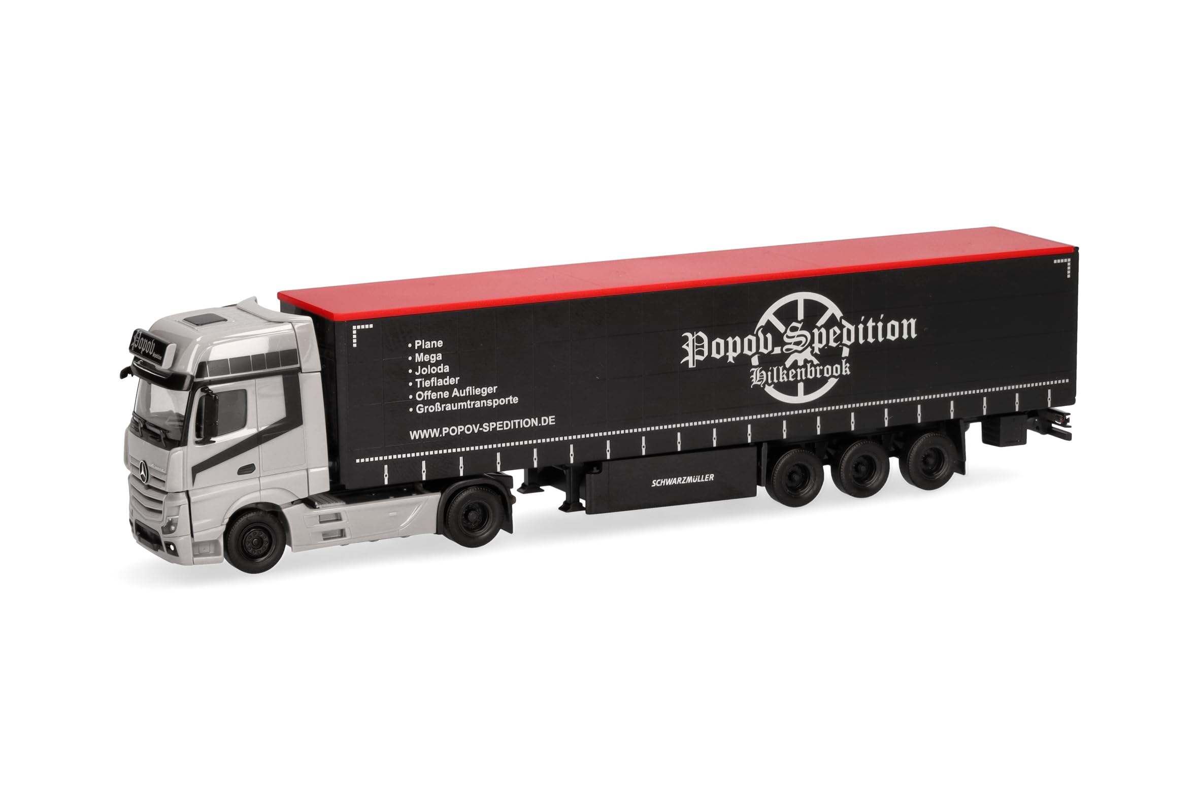 herpa Mercedes-Benz Actros L Gigaspace z plandeką Popov Spedition model 1:87, kolekcjonerska ciężarówka, Made in Germany, tworzywo sztuczne