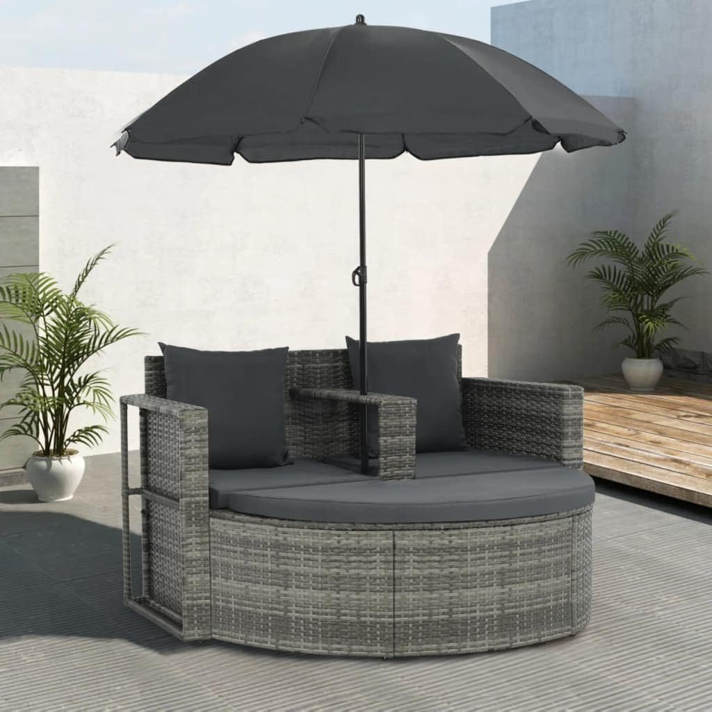 2 Seater Patio Sofa with Cushions and Parasol Gray Poly Rattan Loveseats