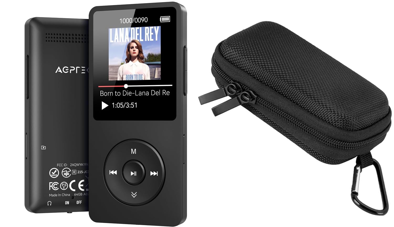 64GB Reproductor MP3 Bluetooth 5.3 con Caja, AGPTEK MP3 Player, Reproductor MP3 Deportivo Portátil, 1.8" Pantalla de 70H de Reproducción, MP3 de Niños Radio FM,Negro
