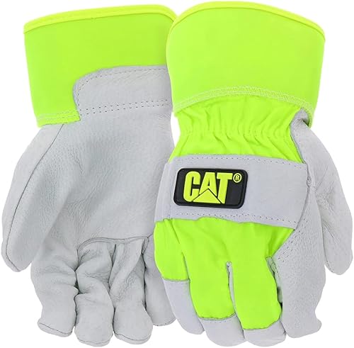 Cat CAT013103L - Guantes de piel de cerdo, color verde neón, grandes, corte de pistola, guantes de cuero de alta visibilidad con puños de seguridad