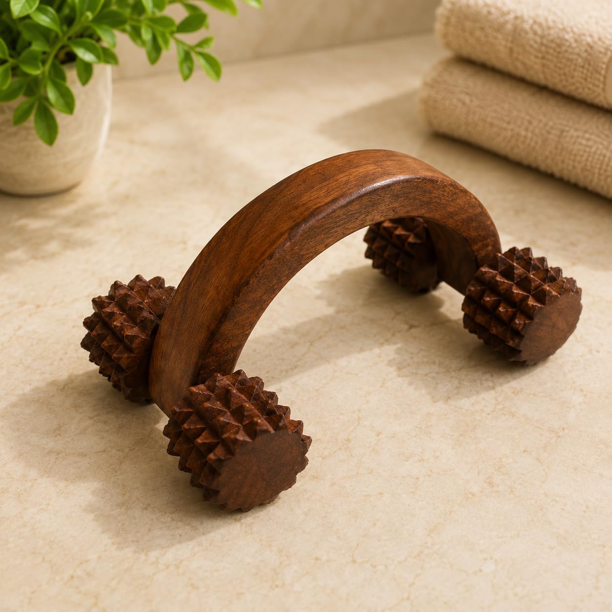 Wooden Roller Massager with Spiked Wheels for Hand & Body | Acupressure Relief, 4 Spiked Rollers, Curved Handle, Reflexology Tool, Natural Wood