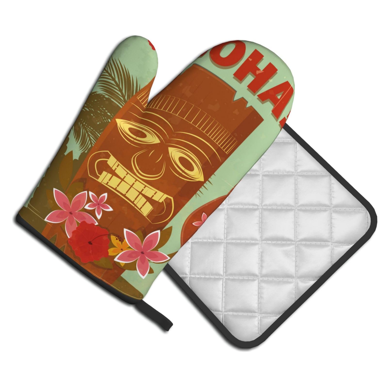 Oven Mitts and Pot Holders Set of 2 Pcs, Hawaii Printed Heat Resistant Kitchen Gloves Potholders for Cooking Baking Grilling