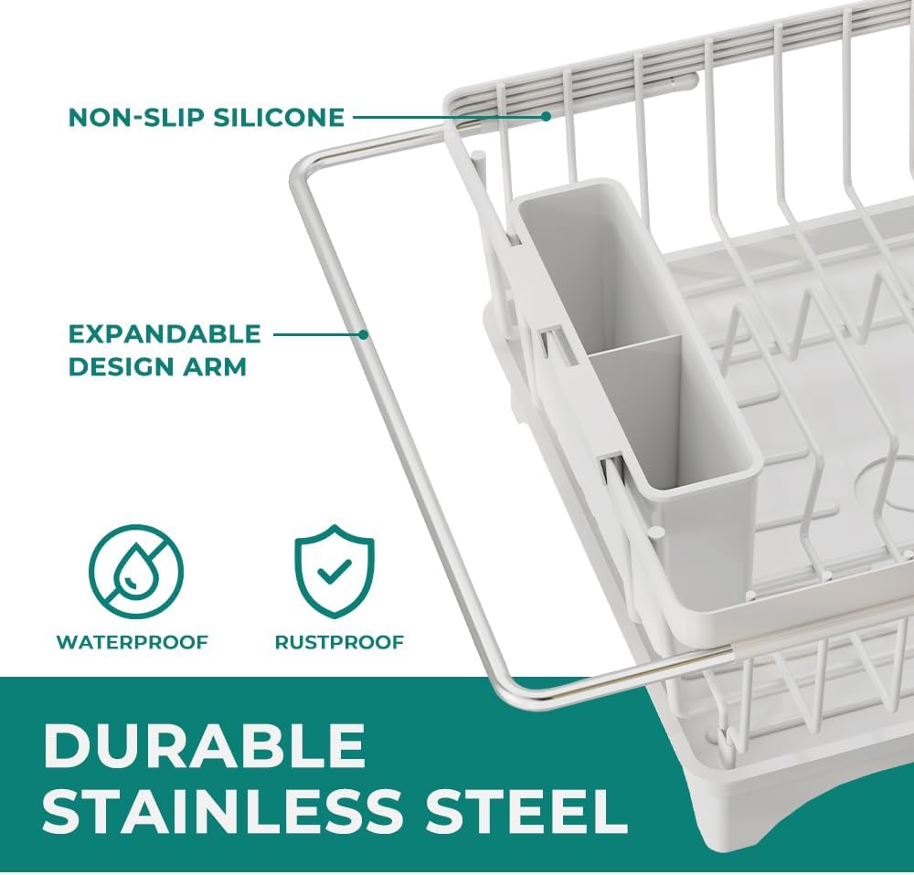 Small Dish Drying Rack in Sink, Expandable Stainless Steel Dish Drainers for Kitchen Counter, with Drain Board & Utensil Holder(White) image 4