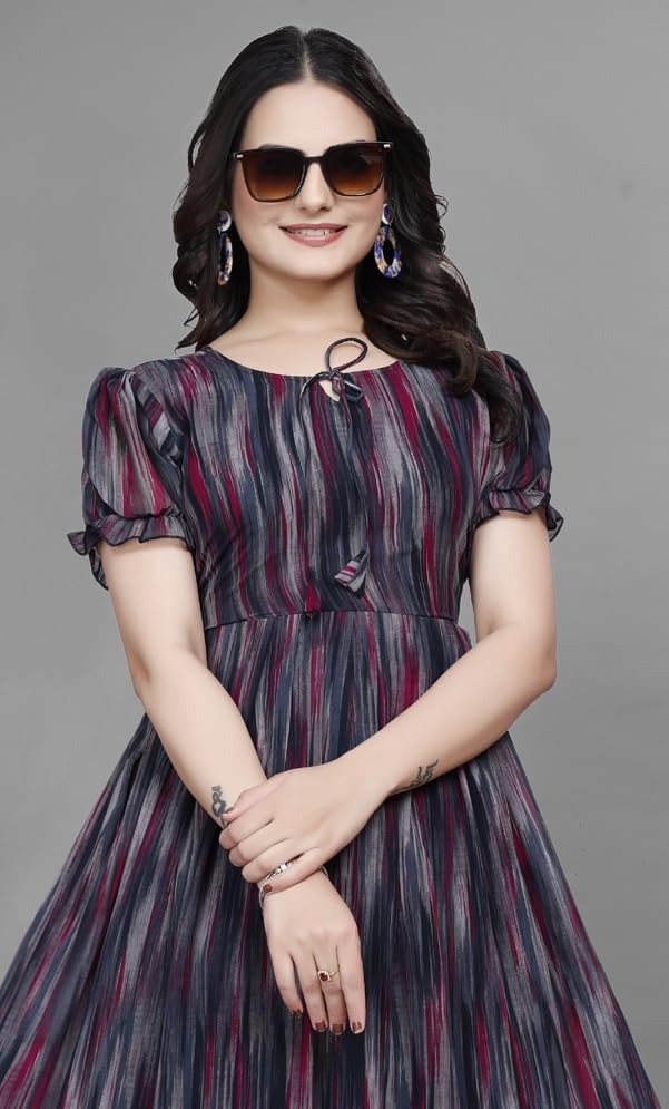 Image of Women Gown with Abstract Print | Georgette One Piece Dress with Puff Sleeves | Round Neck Tiered Midi Frock for Women | Ladies Western Maxi Dress