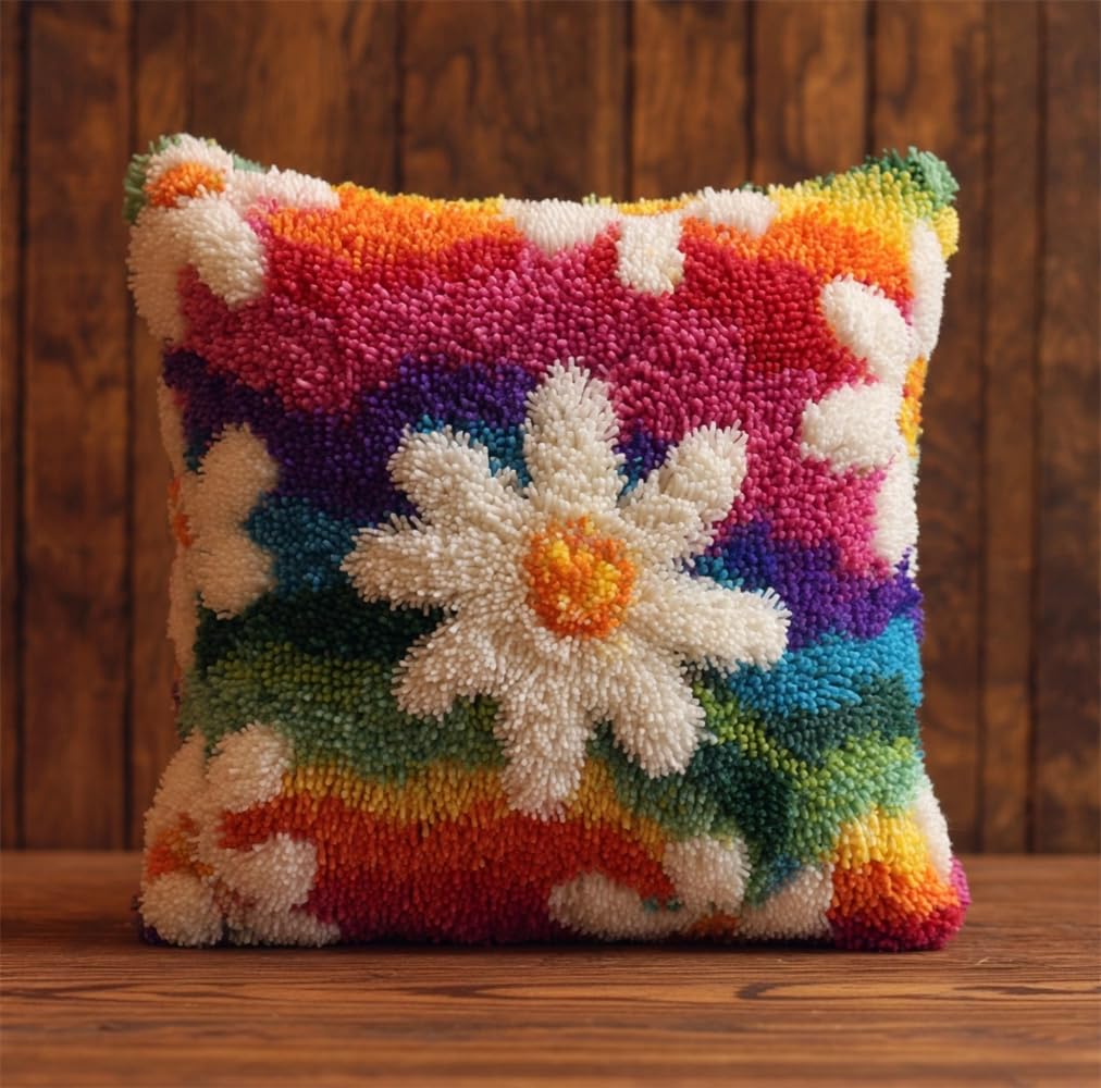kitphoenix Latch Hook Cushion Kit, Daisy Knitting Kits Cushion, Rug Making Kit for Starters, Latch Hook Kit for Beginners Adults Or Children 43X43Cm/17X17 Inch