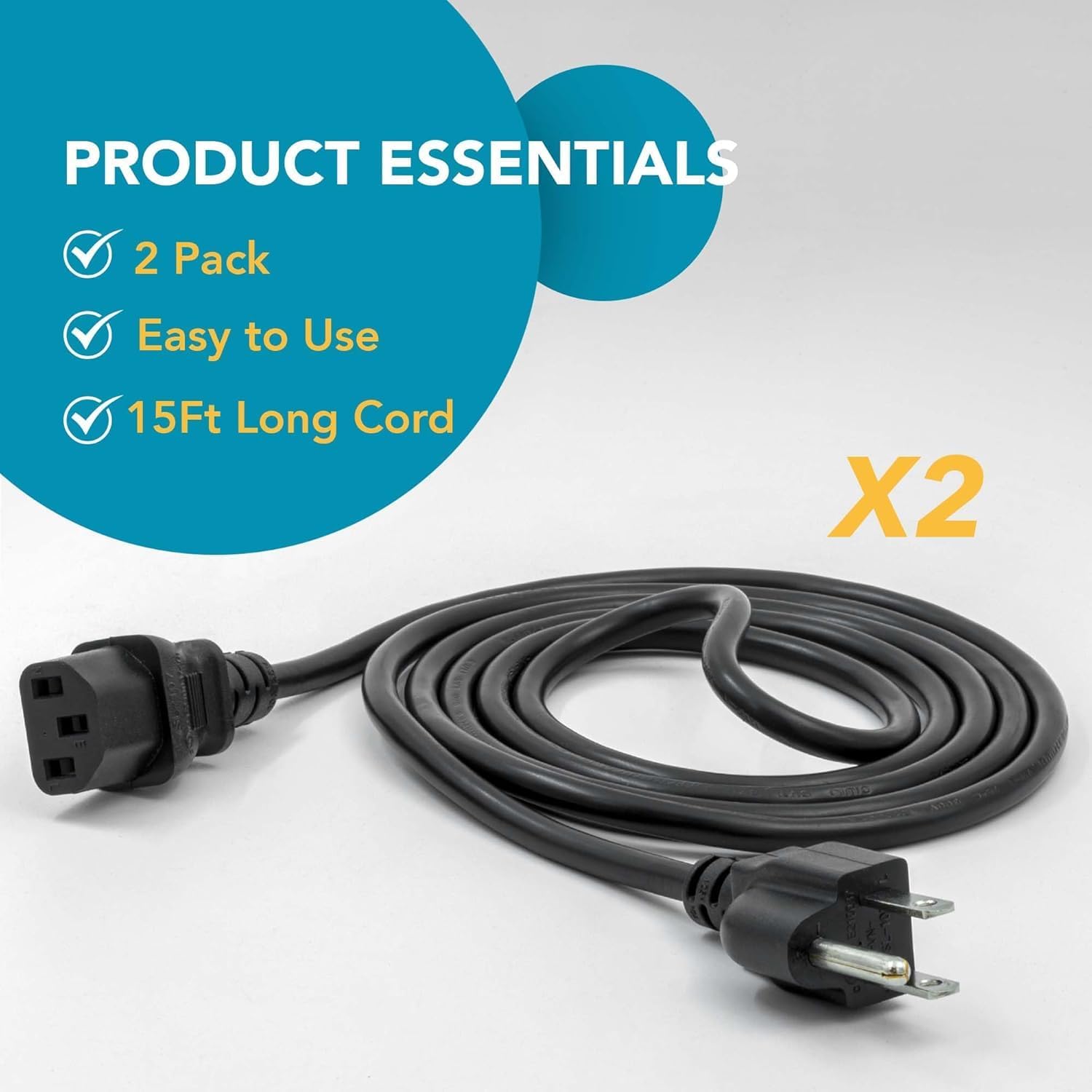 UL Approved 15ft Universal Power Cord (2 Pack) - IEC C13 to NEMA 5-15P Computer Monitor Cable for IT Departments, Data Centers & Bulk Purchasing - 18AWG 10A 125V