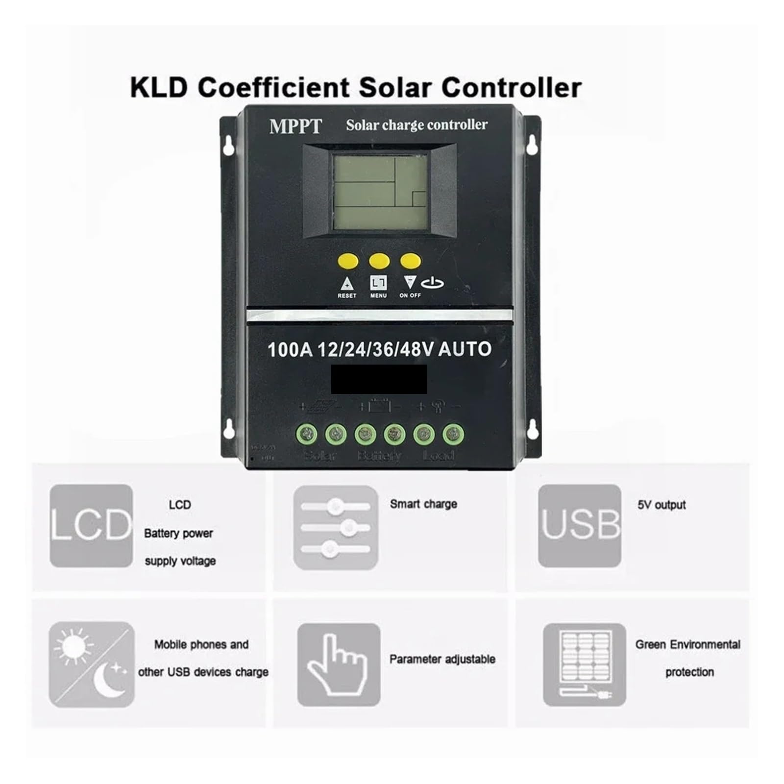 Kontroler ładowania słonecznego, 100A Podwójny Kontroler Ładowania Słonecznego USB 12V 24V 36V 48V Panel Słoneczny-stabilizator Baterii Kwasowej/litowej(100A)