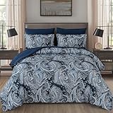 DJY Navy Paisley Comforter Set Queen Size 7 Piece Bed in a Bag Boho Paisley Pattern Comforter Set Soft Lightweight Microfiber Blue Reversible Bedding Set for All Season (90''x90'')