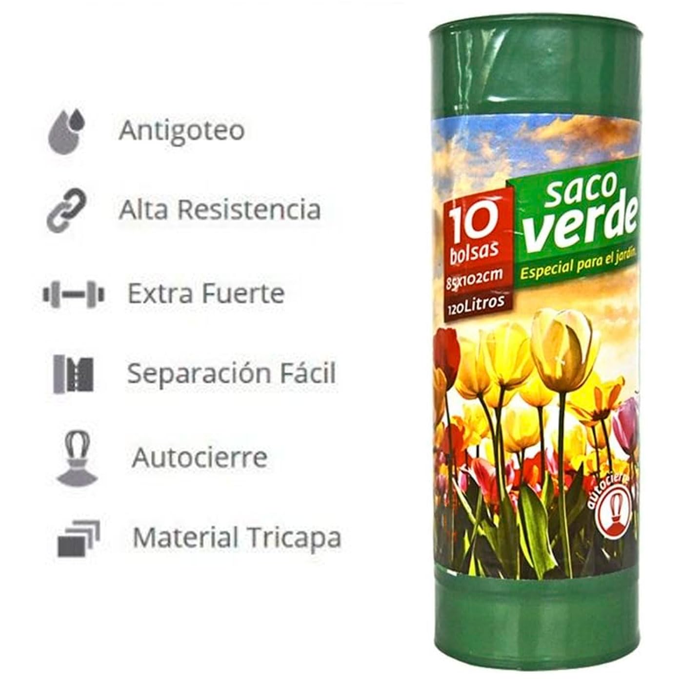 Acan Tradineur - 9 Rollos de 10 Bolsas de Basura, plástico, 3 Capas, Resistentes y antigoteo, autocierre, reciclables, Sacos Especial jardín (Verde - 120 litros - 85 x 102 cm - Total 90 uds)
